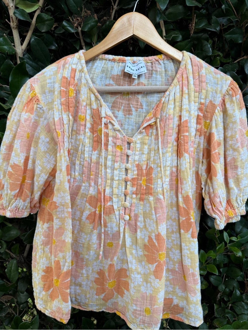 Sabo Skirt Peach & Yellow Floral Pintuck Peasant Blouse